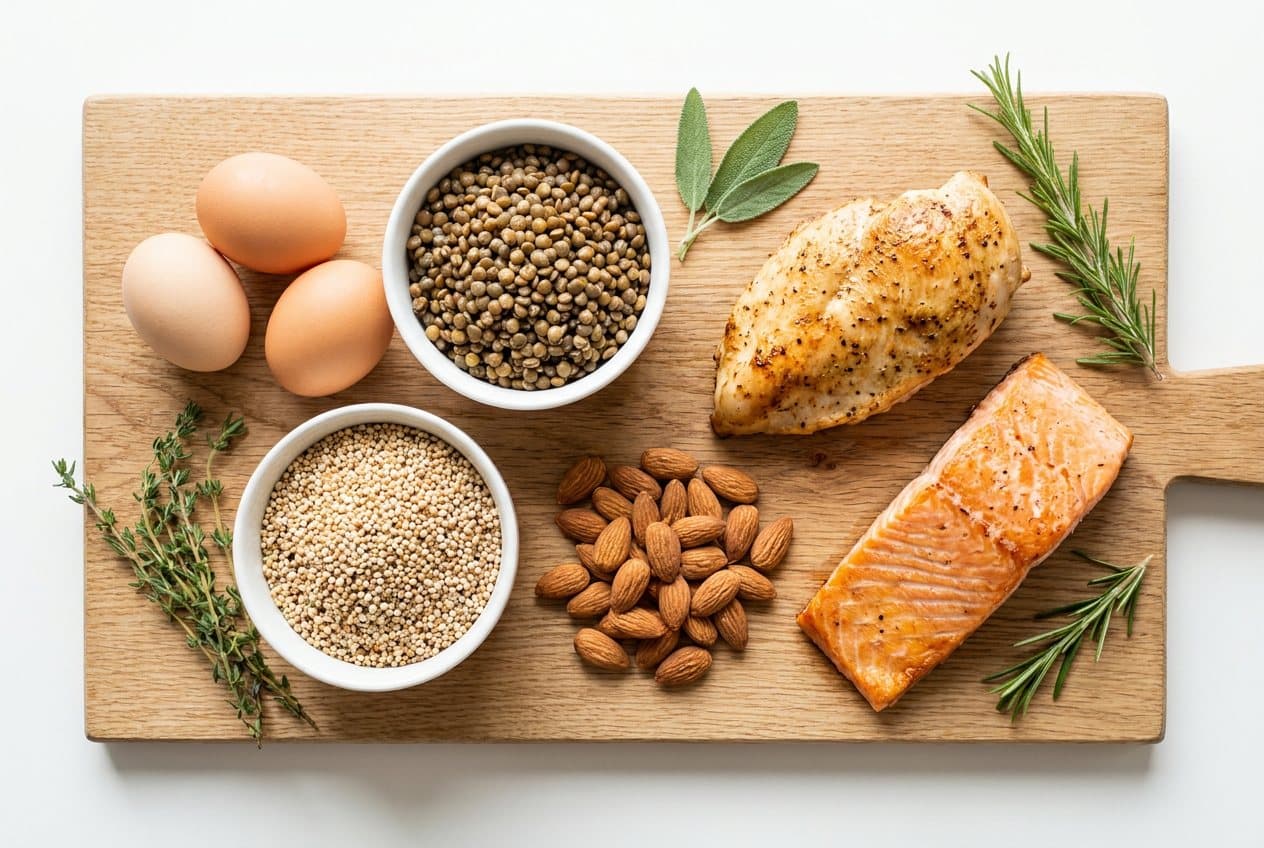 Alimentos ricos en proteína sobre una tabla de madera