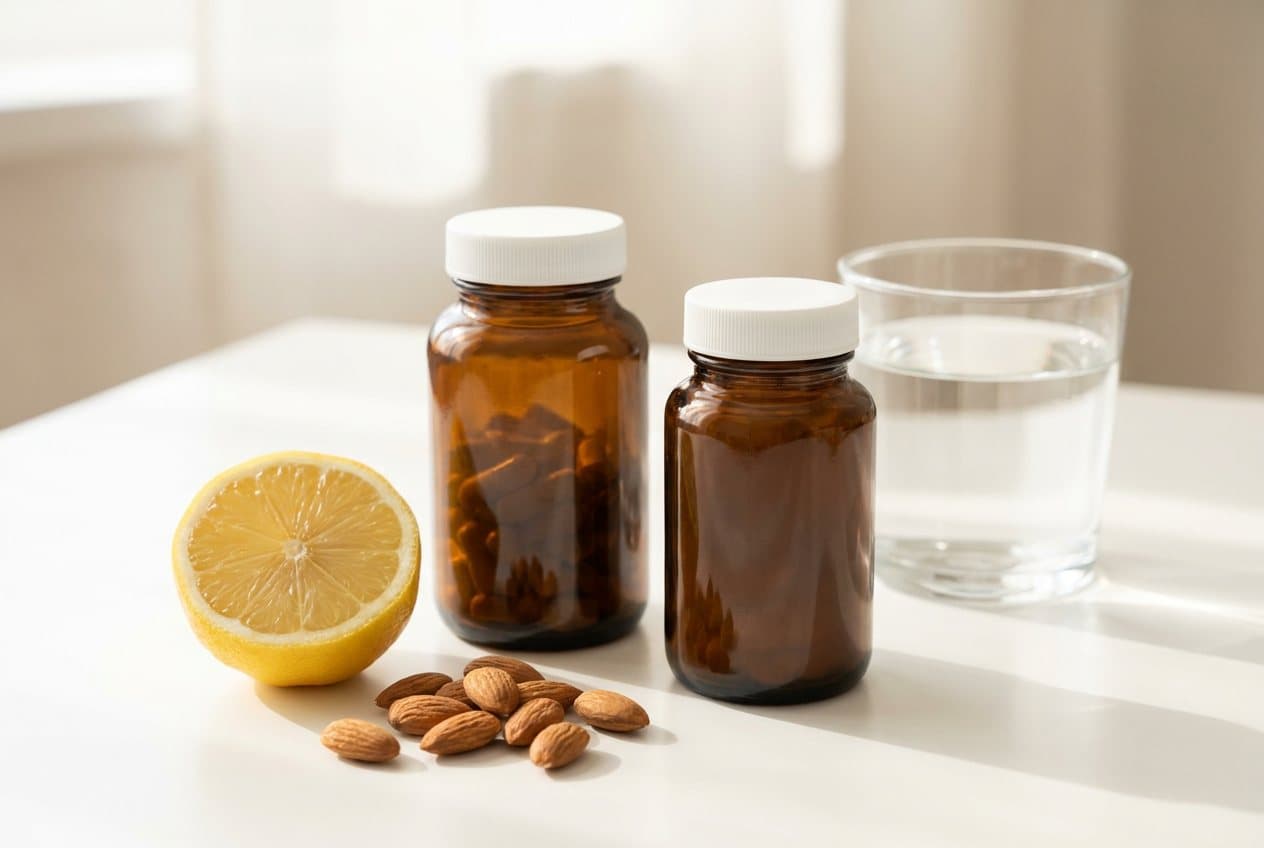 Frascos de suplementos junto a limón y almendras