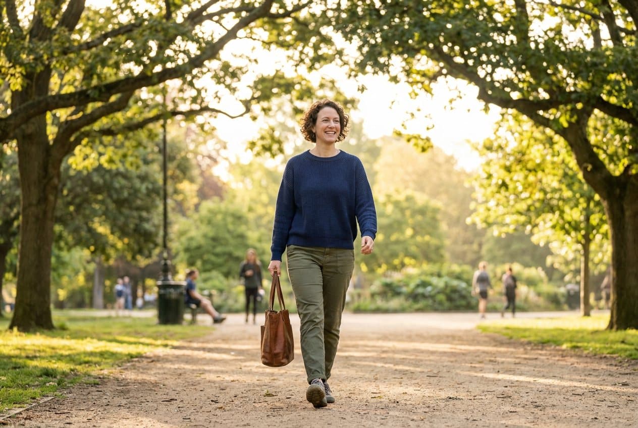 Mujer caminando en un parque por la mañana