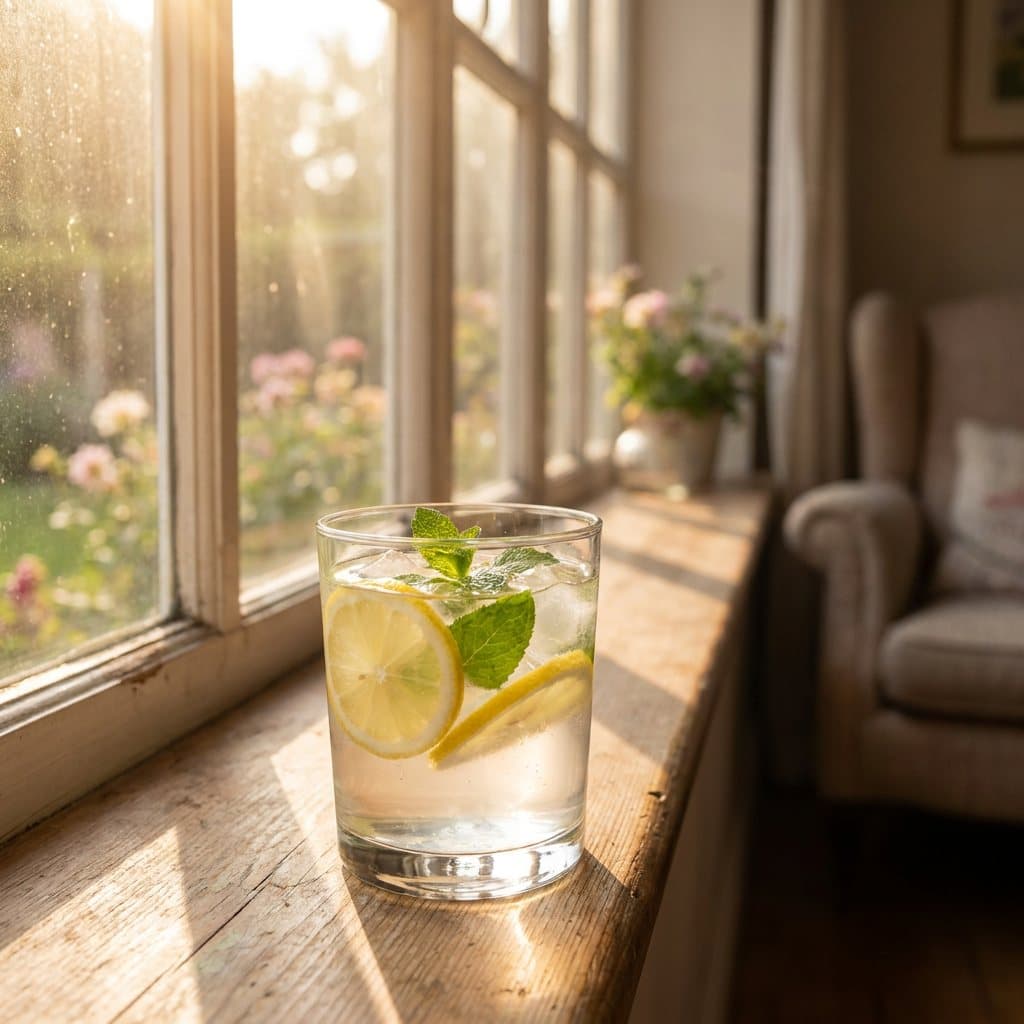 Vaso de agua con limón y menta junto a una ventana